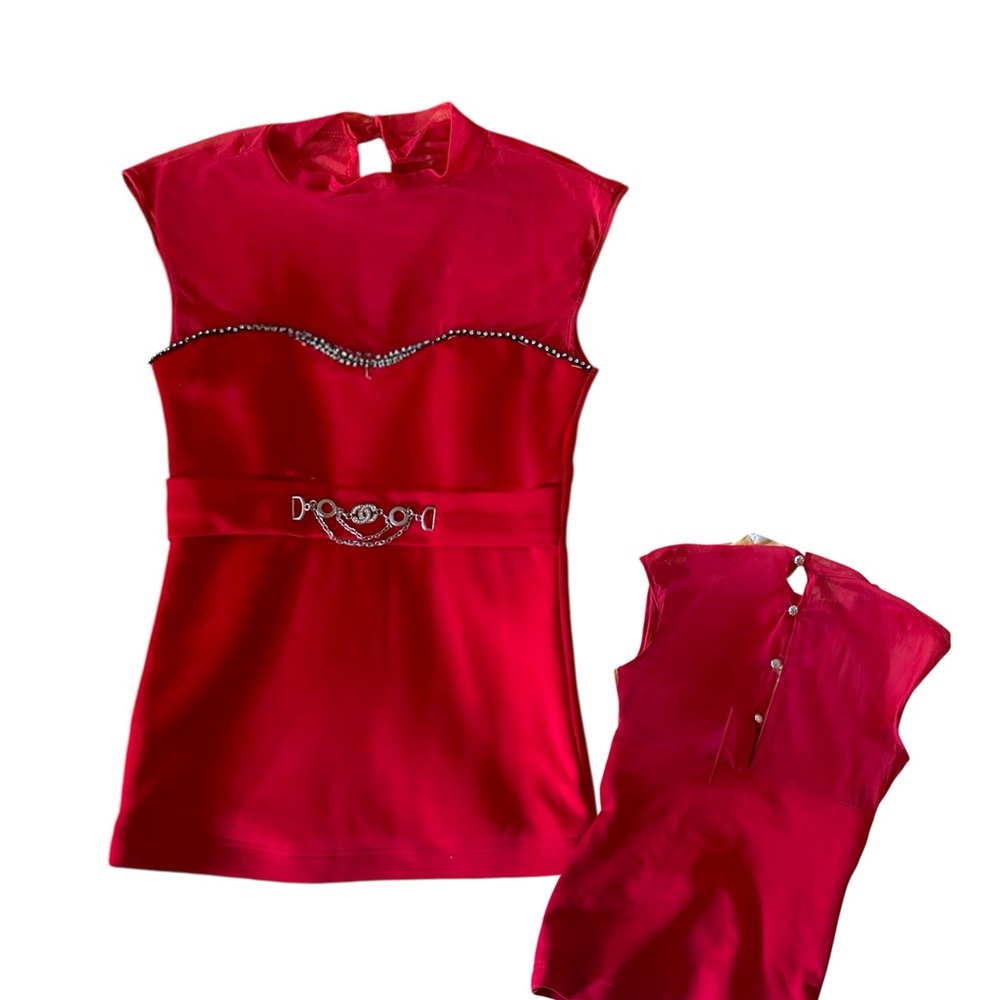 Red Embellished Sleeveless Mock Neck Blouse
